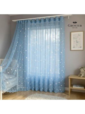 Groster Spor Mavi Yıldızlı Erkek Çocuk Odası Perde - 1/3 Sık Pileli - Bebek Odası Tül,perde A Kalite ++
