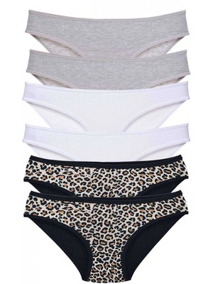 Marsilyan 6 Adet Likralı Kadın Slip Külot Leopar Gri Beyaz