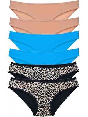 Marsilyan 6 Adet Likralı Kadın Slip Külot Leopar Ten Mavi