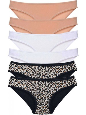 Marsilyan 6 Adet Likralı Kadın Slip Külot Leopar Ten Beyaz
