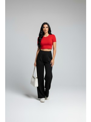 Modanı Seç Kadın Yüksek Bel Pensli Bol Paça Krep Palazzo Pantolon – Siyah