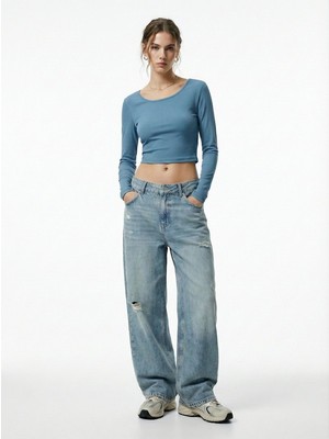 LTB Uzun Kollu Kayık Yaka Crop Mavi Sweatshırt