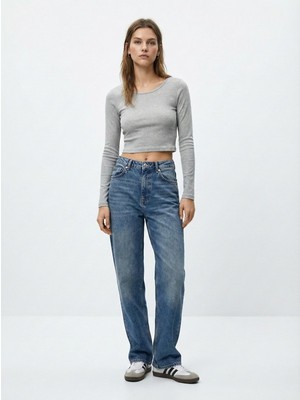 LTB Uzun Kollu Bisiklet Yaka Crop Gri Sweatshırt