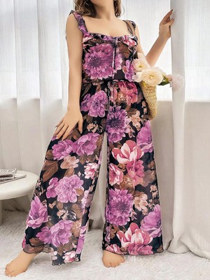 Marsilyan-  Özel Tasarım Büyük Beden Çiçek Desenli Bol Kesim 2'li Pijama Takımı