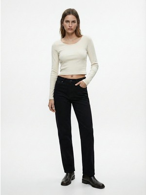 LTB Uzun Kollu Bisiklet Yaka Crop Krem Sweatshırt