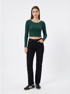 LTB Uzun Kollu Bisiklet Yaka Crop Yeşil Sweatshırt