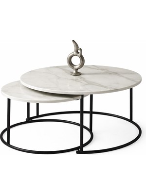 Beyaz Mermer Yavrulu Orta Sehpa Takımı – Siyah Metal Ayaklı