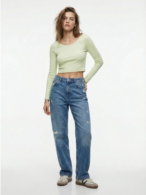 LTB Uzun Kollu Bisiklet Yaka Crop Yeşil Sweatshırt