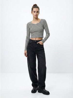 LTB Uzun Kollu Bisiklet Yaka Crop Siyah Sweatshırt