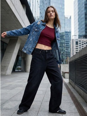 LTB Uzun Kollu Bisiklet Yaka Crop Bordo Sweatshırt