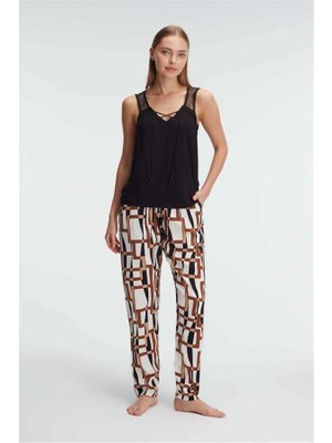 Aesco Sıfır Kol V Yaka Kadın Viskon Geometrik Yazlık Uzun Ip Detaylı Pijama Takımı Anıl 9804