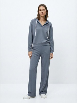 LTB V Yaka Oversize Kapüşonlu Mavi Sweatshırt