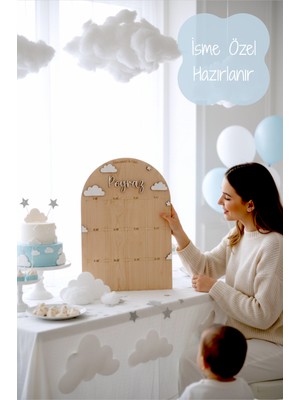 Aze Kids 3D Ahşap Doğumgünü Tablosu 35 x 50 cm Bulut Temalı 1 Yaş İçin Ahşap Renkli