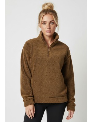 Modanı Seç Kadın Kahverengi Yarım Fermuarlı Peluş Polar Sweatshirt - Kışlık Yumuşak Sıcak Tutan Kazak