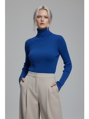 Modanı Seç Kadın Saks Mavisi Tam Boğazlı Fitilli Triko Kazak - Canlı Renk Yumuşak Dokulu Kışlık Örme Bluz