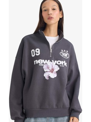 DeFacto Regular Fit Dik Yaka Yarım Fermuarlı Baskılı Sweatshirt G5538AX25WN