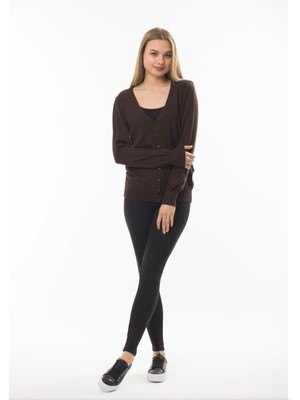 Modanı Seç Kahverengi V Yaka Düğmeli Basic Triko Kadın Hırka