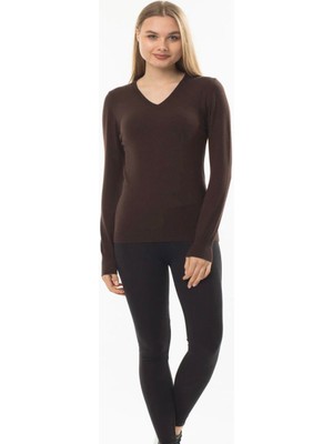 Modanı Seç Kahverengi V Yaka Triko Kazak
