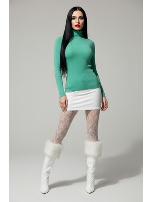 Modanı Seç Mint Yeşili Fitilli Balıkçı Yaka Kadın Triko Kazak