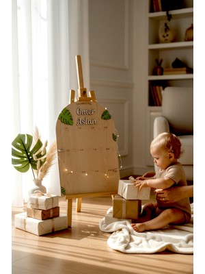 Aze Kids 3D Kişiye Özel Isimli 1 Yaş 12 Ay Safari Temalı Ahşap Doğumgünü Fotoğraf Panosu Doğumgünü Tablosu