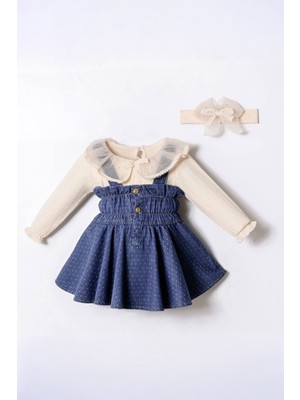 Miniğimin Cicileri Minigimin Cicileri Yaka Tül Detaylı Prenses Denim Elbise 3'lü Kız Bebek Takım - Koyu Mavi