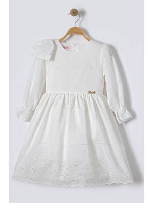 Miniğimin Cicileri Minigimin Cicileri Brode Nakış Detaylı Kız Çocuk Elbise - Ekru