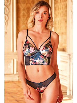 Marsilyan Kadın Kadife Balensiz Desteksiz Dolgusuz Yaka Detaylı Çiçek Baskılı Bralet Sütyen ve Slip Tak