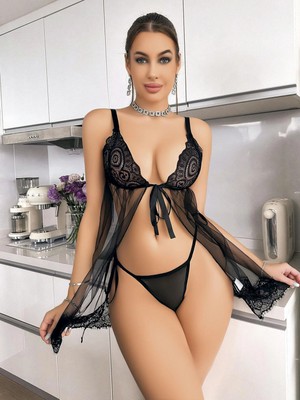 Marsilyan Siyah Dantel Işlemeli Önden Bağlamalı Fantezi Şık Tül Gecelik