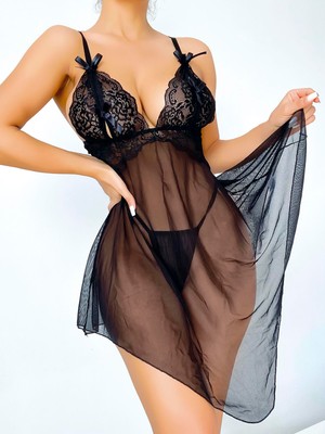 Marsilyan  Dantel Işlemeli Kurdelalı Fantezi Siyah Gecelik Takımı