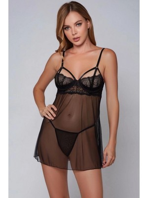 Marsilyan-  Özel Tasarım Siyah Dantel Işlemeli Fantezi Tül Gecelik Takımı