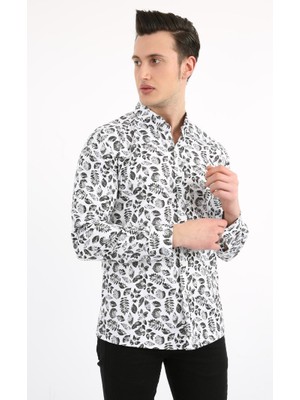 buğrahayalin Erkek Günlük Yaprak Desenli Likralı Gömlek