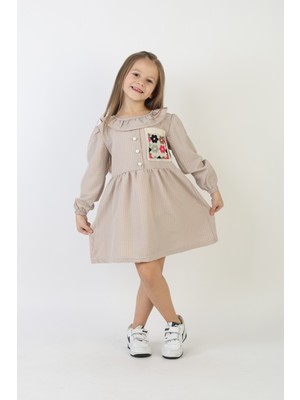 buğrahayalin Işlemeli Gofre Kumaş Kız Çocuk Günlük Şık Rahat ve Trend Elbise