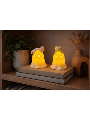 Modu3D Kedi Figürlü Hayalet Gece Lambası – Sıcak LED Işık | Kitaplık & Çocuk Odası Dekoru (2’li Set)