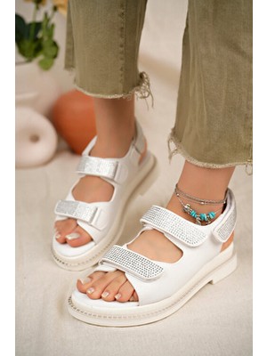 Khayt Valeria Anatomik Kadın Sandalet Taşlı Düz Taban Konforlu Günlük Kullanım İçin