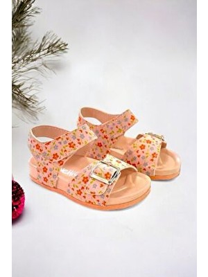 Ponchiq Pembe Çiçek Baskılı Tokalı Kız Çocuk Sandalet Yumuşak Dokulu Rahat Tasarım
