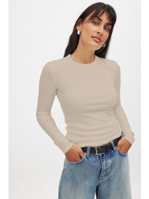 CHEISU Kadın Bej Uzun Kollu Bisiklet Yaka T-Shirt Bluz Kaşkorse Fitilli