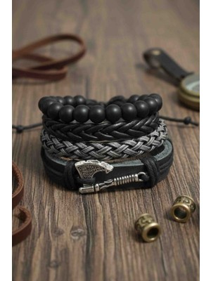 BSN Store 4 Adet Bileklik Viking Balta Tasarım Gerçek Deri Bileklik Moda Bileklik