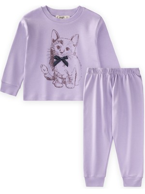 Cigit Kedi Baskılı Pijama Takım 2-8 Yaş Lila