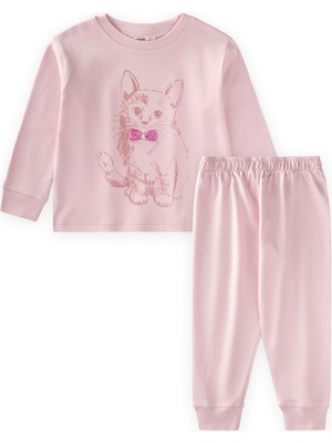 Cigit Kedi Baskılı Pijama Takım 2-8 Yaş Pudra Pembe