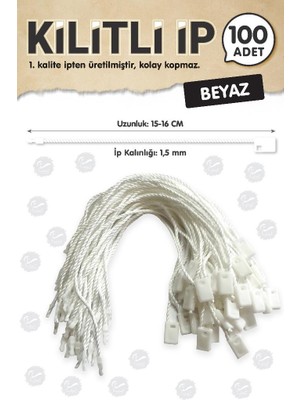 Tuğset Etiket Kilitli Ip Renkli Asmalı Etiket Bağlama Ipi Lock String Tag Rope 100 Adet Beyaz