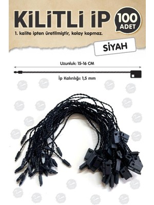 Tuğset Etiket Kilitli Ip Renkli Asmalı Etiket Bağlama Ipi Lock String Tag Rope 100 Adet Siyah