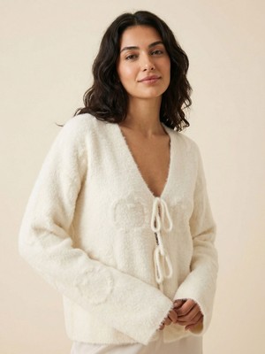 Okka Moda Önden Bağlamalı Soft Triko Hırka Ekru