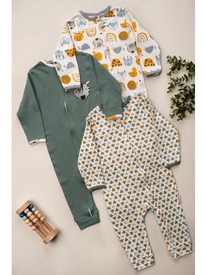 Hayvan Figürlü %100 Pamuklu Fermuarlı Unisex 3 Lü Bebek Uyku Tulum Seti. 9-12-18 Ay