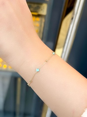 Uzundağ Kuyumculuk 14 Ayar Altın Turkuaz Mineli Yonca Bileklik