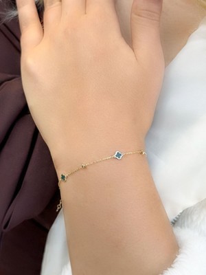 Uzundağ Kuyumculuk 14 Ayar Altın Yeşil Mineli Yonca Bileklik