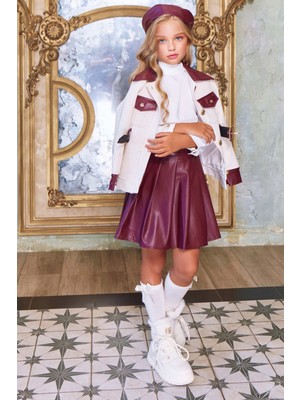 Riccotarz Kız Çocuk Boğazlı Yaka Saten Bluz Deri Detaylı Kemerli Ceket Pliseli Deri Bordo Etekli Takım