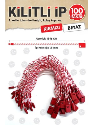Tuğset Etiket Kilitli Ip Renkli Asmalı Etiket Bağlama Ipi Lock String Tag Rope 100 Adet Kırmızı Beyaz