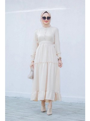Tesettür Diyarı Eteği Fırfır Detaylı Keten Elbise- Bej