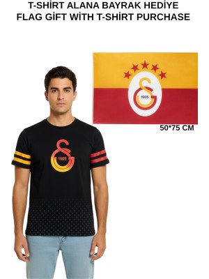 Galatasaray Lisanslı Logo Baskılı Siyah T-Shirt Bayrah Hediyeli