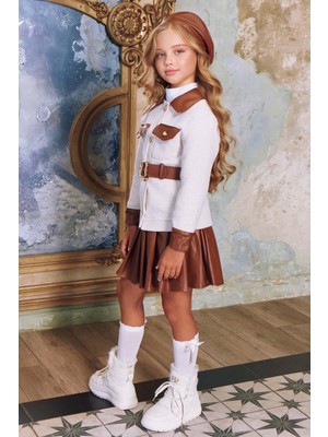 Riccotarz Kız Çocuk Boğazlı Yaka Saten Bluz Deri Detaylı Kemerli Ceket Pliseli Deri Taba Etekli Takım